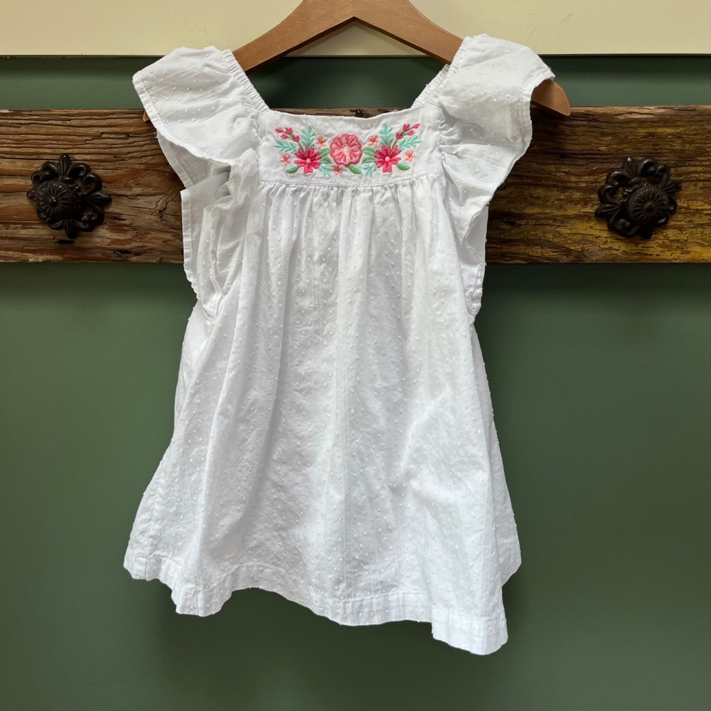 Curious by Peek Girls White Swiss Dot Floral Embroidered Flutter Sleeve Top 3T‎